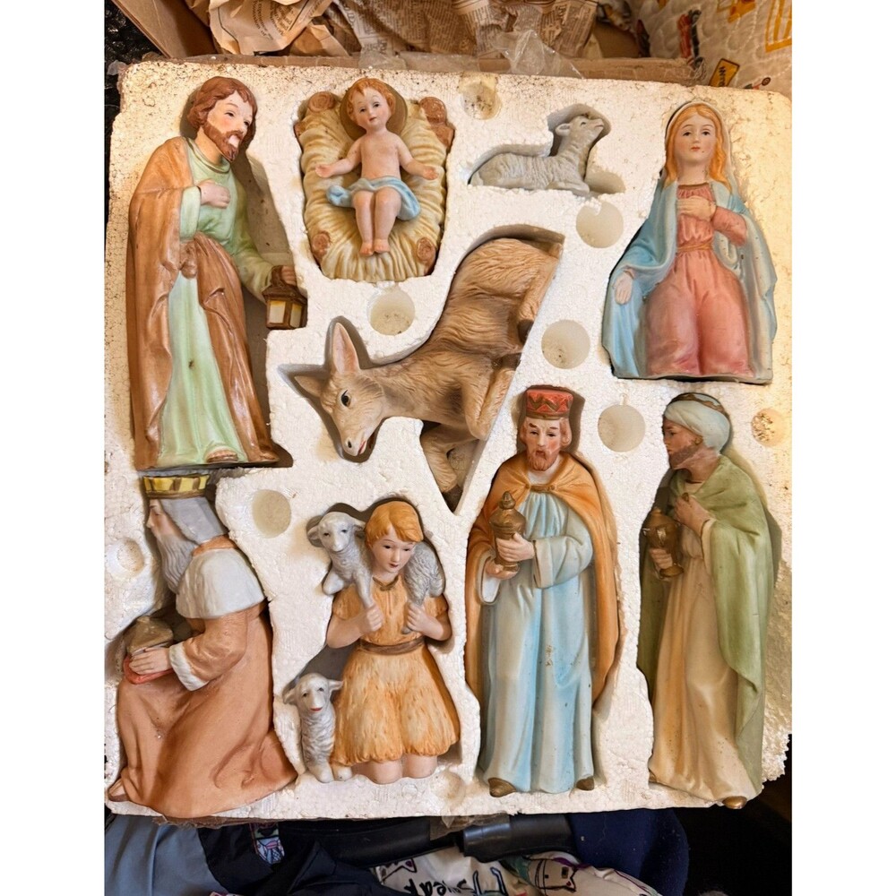Hand Painted Ceramic 9-Pc Nativity Figurine Set Mary Joseph Baby Jesus Animals